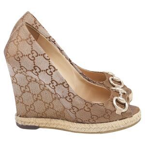Gucci Charlotte Horsebit Espadrille Platform Wedge in Brown Canvas